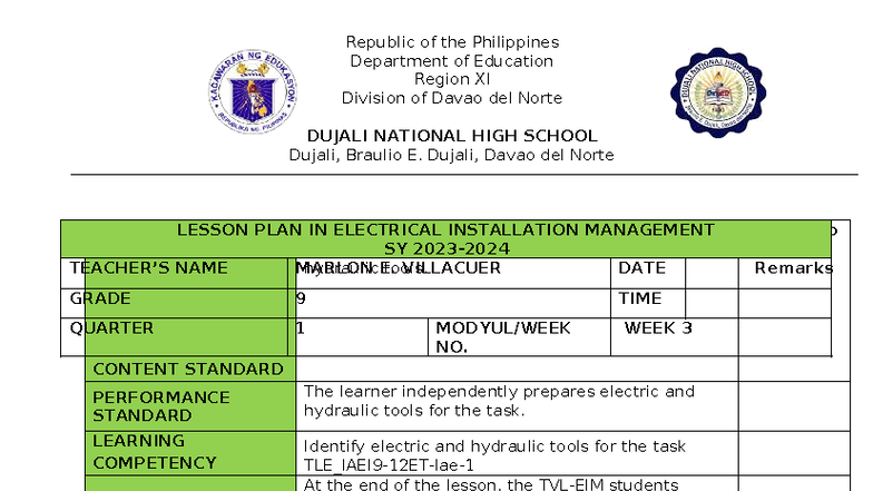 Grade 9 Lesson Plan: Electric & Hydraulic Tools (T.L.E) - Studocu