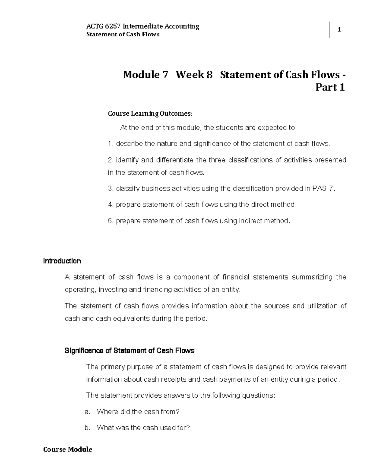 ACTG 6257 Intermediate Accounting W8 Module 7 Statement of Cash Flows ...