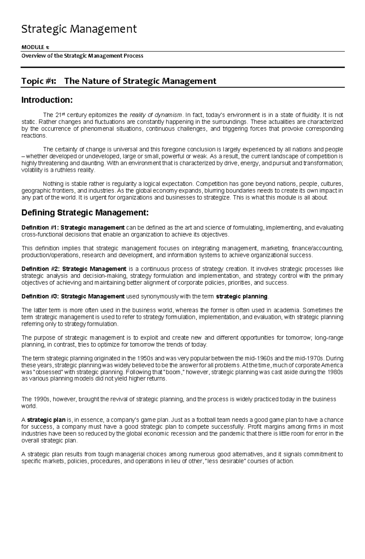 Strategic Management Overview: Module 1 Insights (BMEC 2) - Studocu