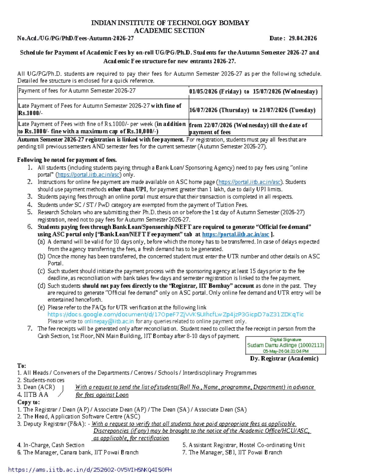 IIT Bombay Autumn Semester Fee Schedule & Structure 2026-27 - Studocu