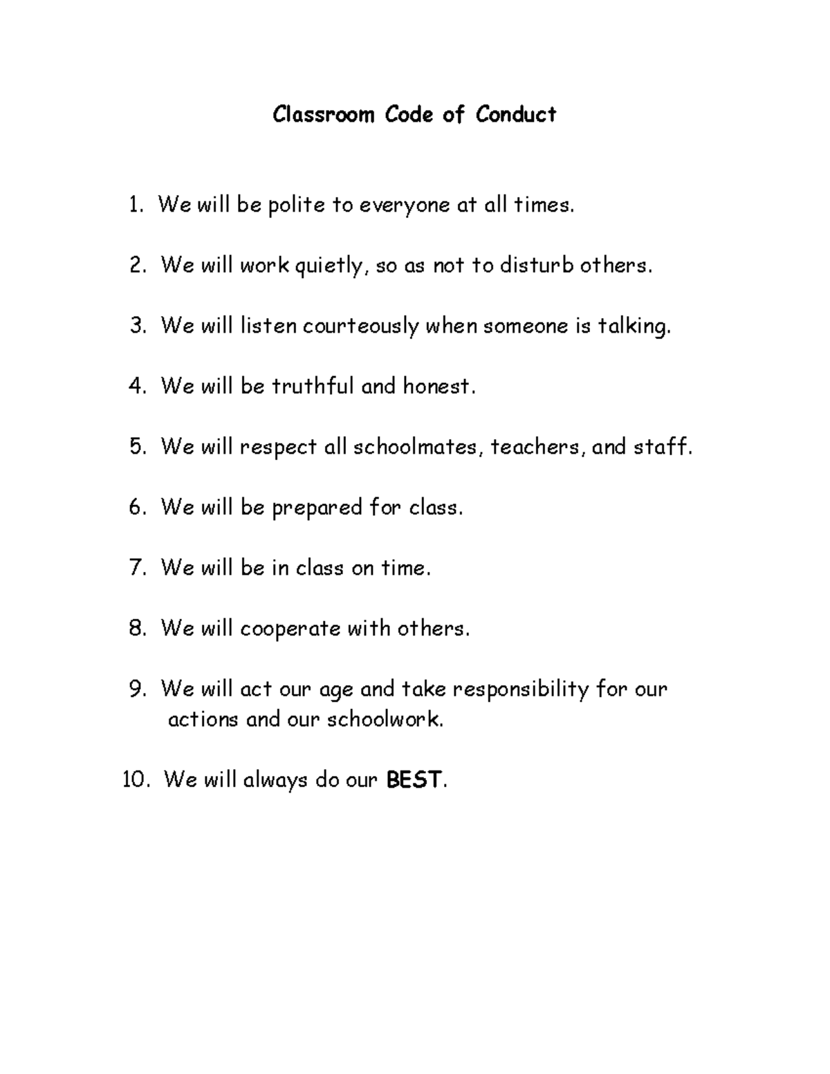 Classroom Code of Conduct - social psychology - We will work quietly ...