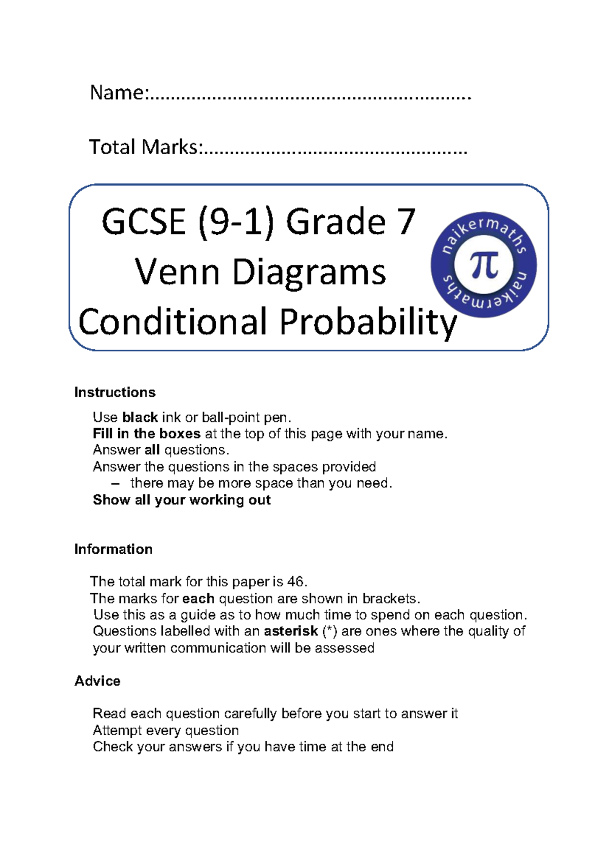 Venn Diagrams & Conditional Probability Instructions (GCSE) - Studocu