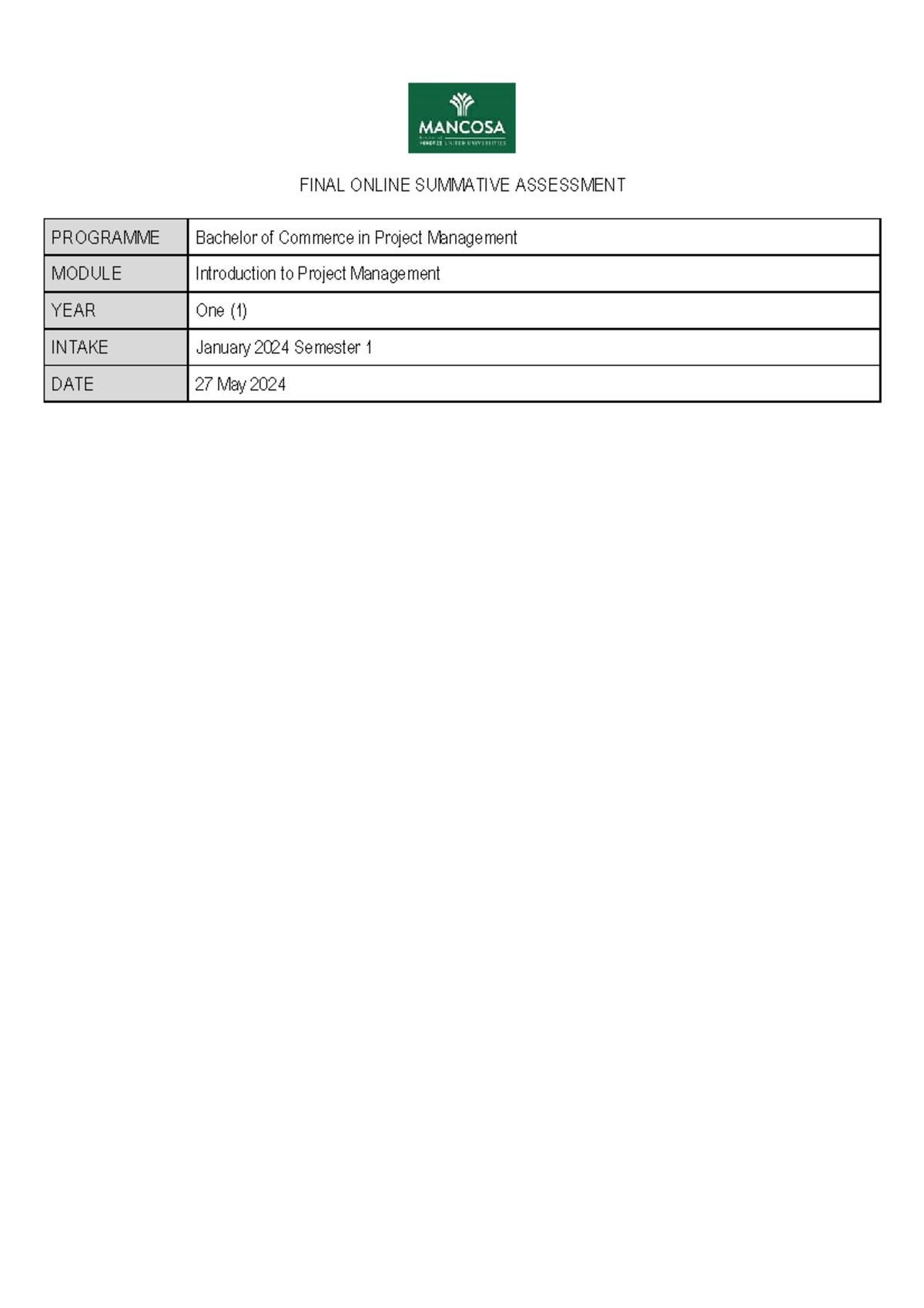 Introduction to Project Management Final Online Summative Assessment ...