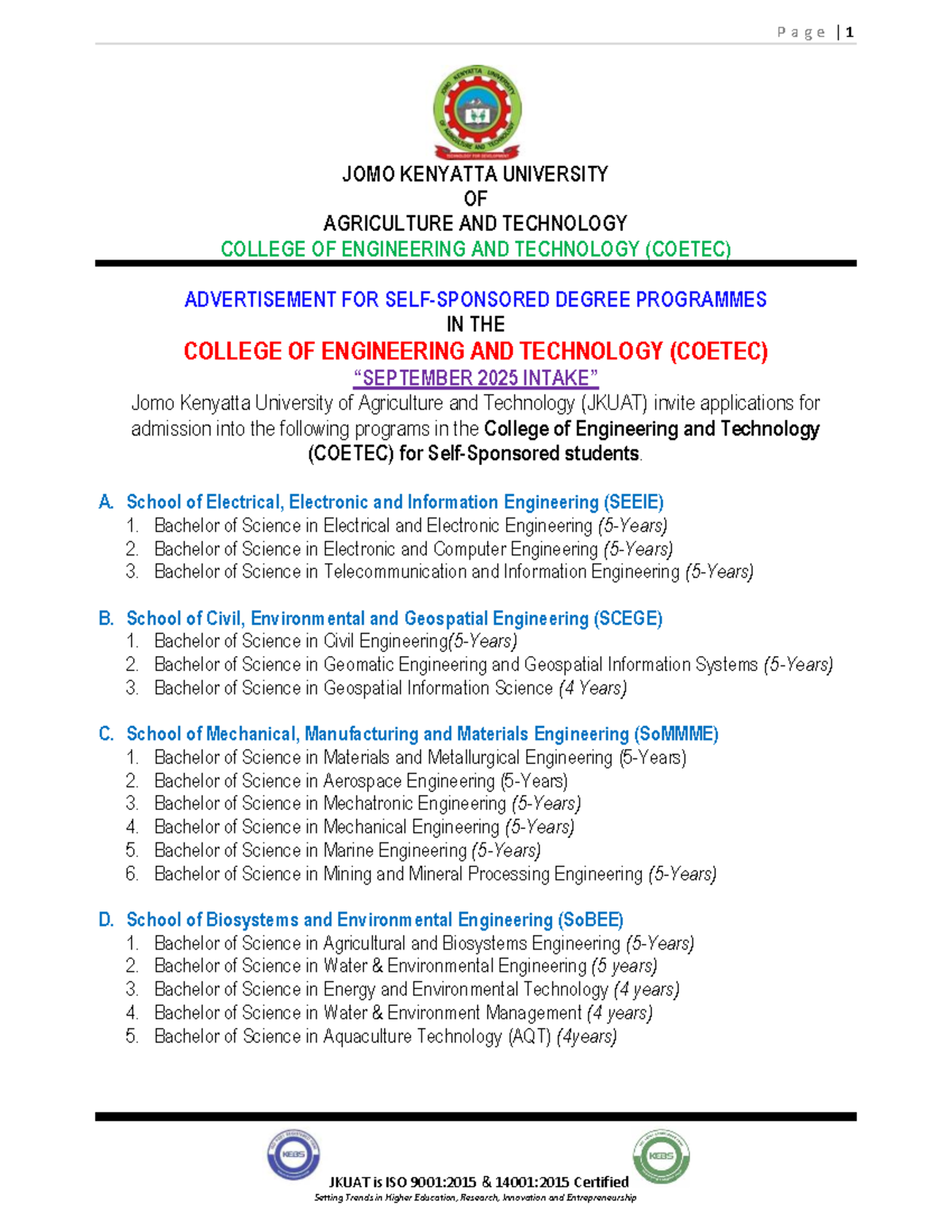 Advertisement for JKUAT COETEC September 2025 Intake Programs - Studocu