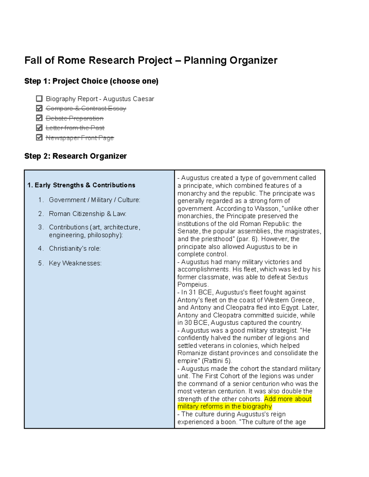 Fall of Rome Research Project Organizer: Augustus & the Empire - Studocu