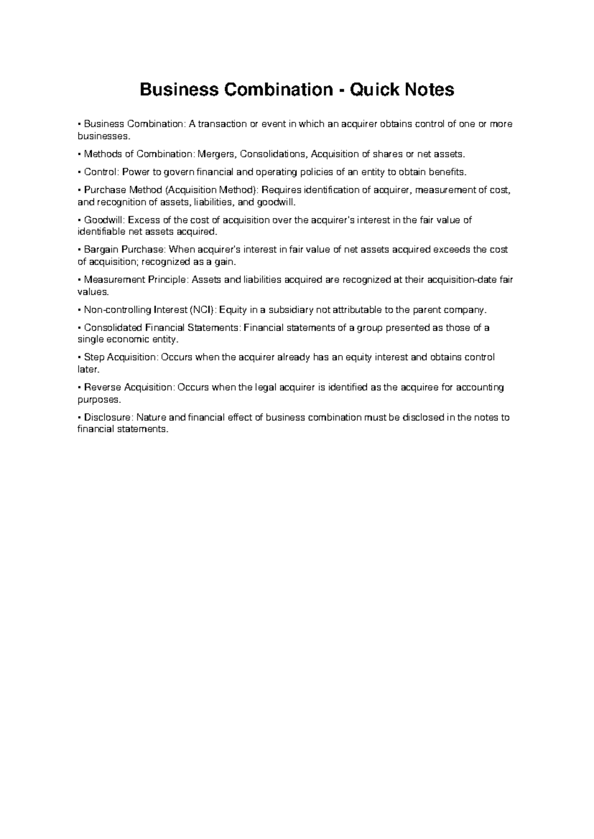 Business Combination Quick Notes (BUS 301) - Studocu