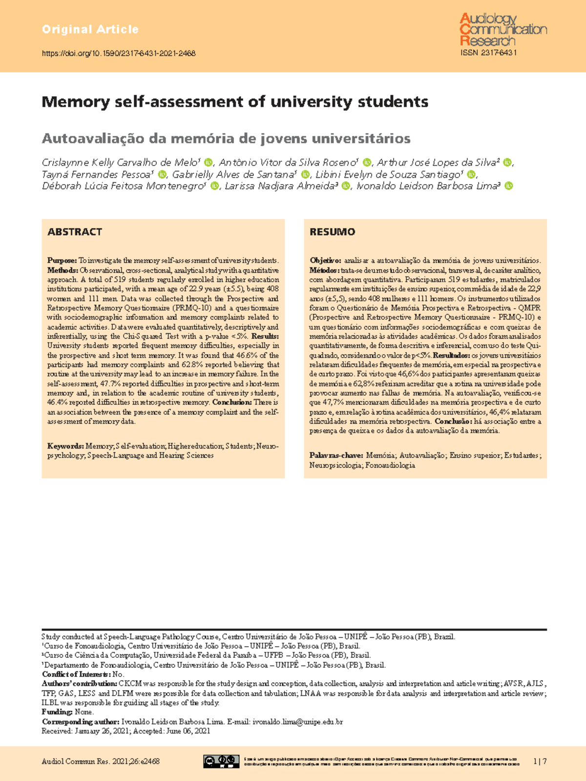 Memory Complaints Among University Students: A Quantitative Study (Fono ...