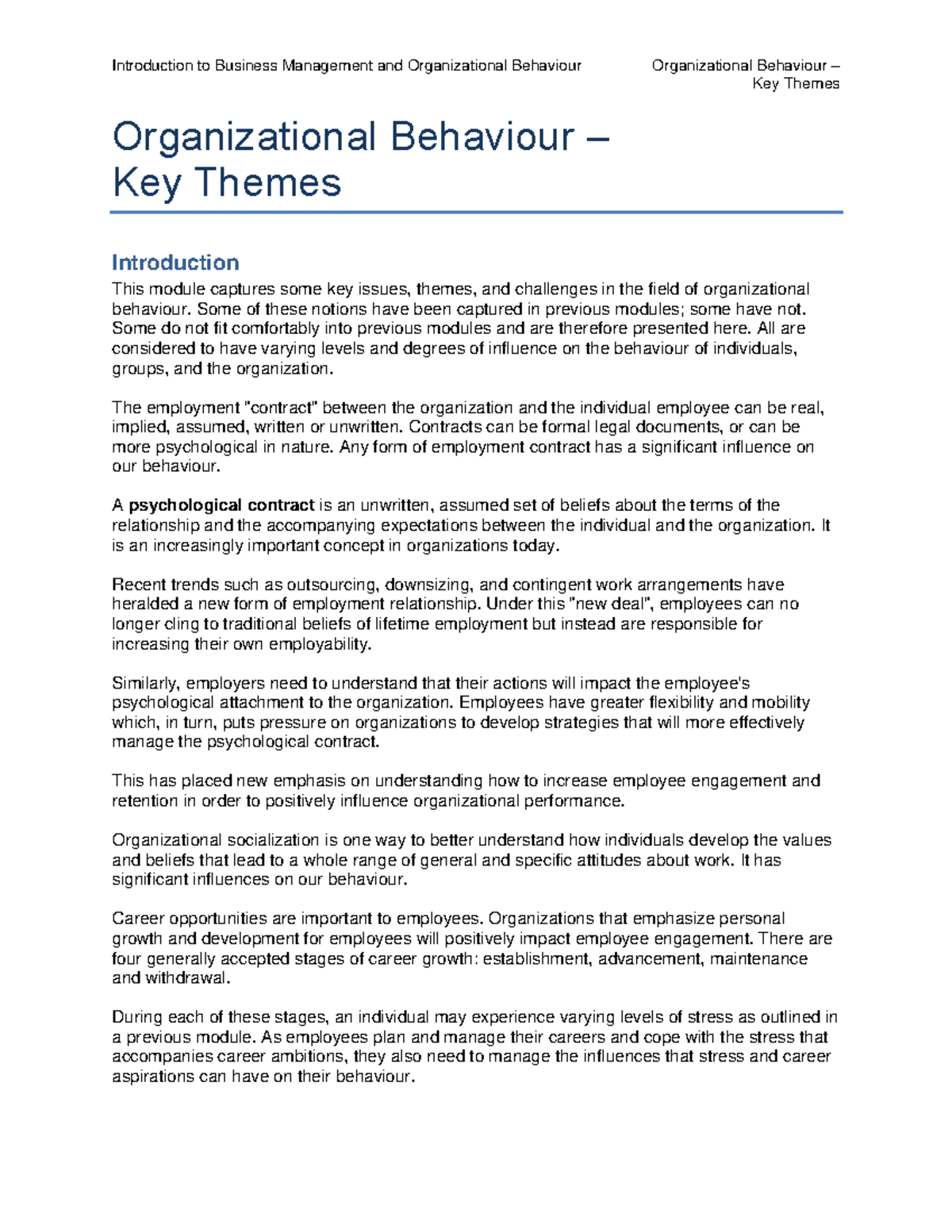 Organizational Behaviour Key Themes: Insights from Module 13 (BUS 101 ...