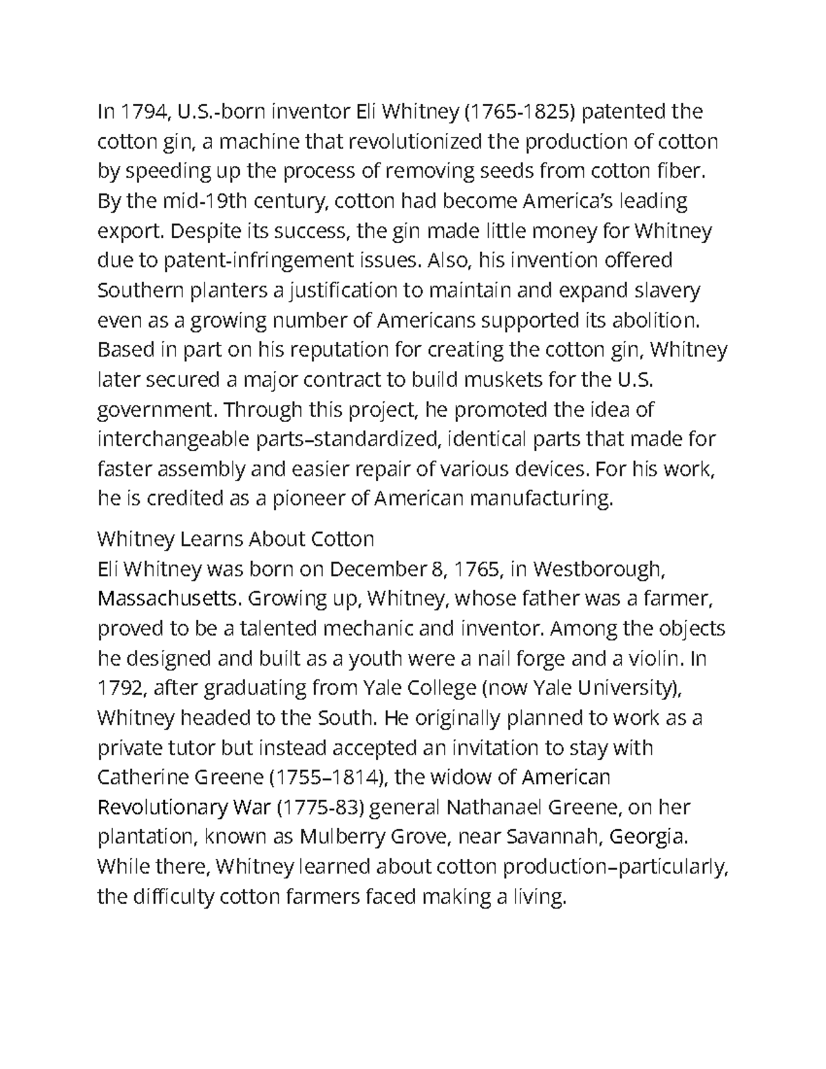 Cotton Gin - Lecture Notes - In 1794, U.-born inventor Eli Whitney ...