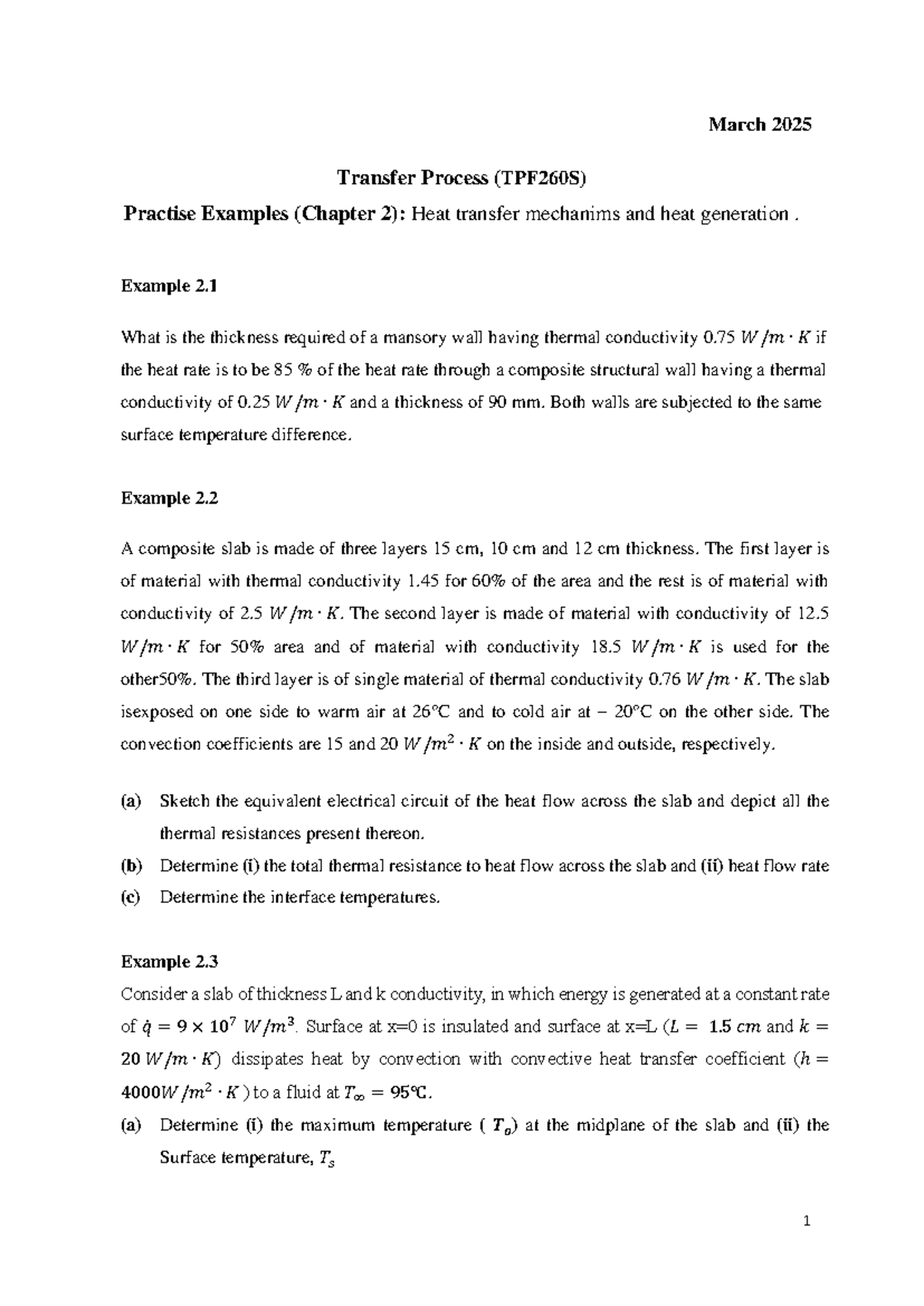 Practise Examples for TPF260S: Heat Transfer Mechanisms (Chapter 2 ...