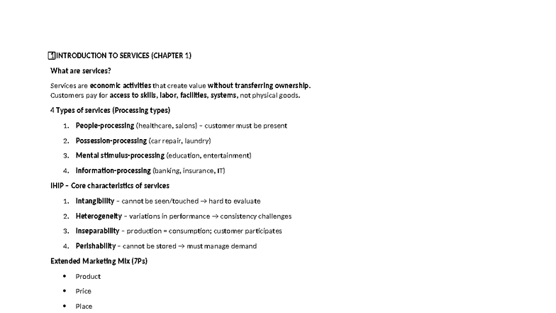 SERVICE MARKETING OUTLINE (CHAPTERS 1-14) - Studocu
