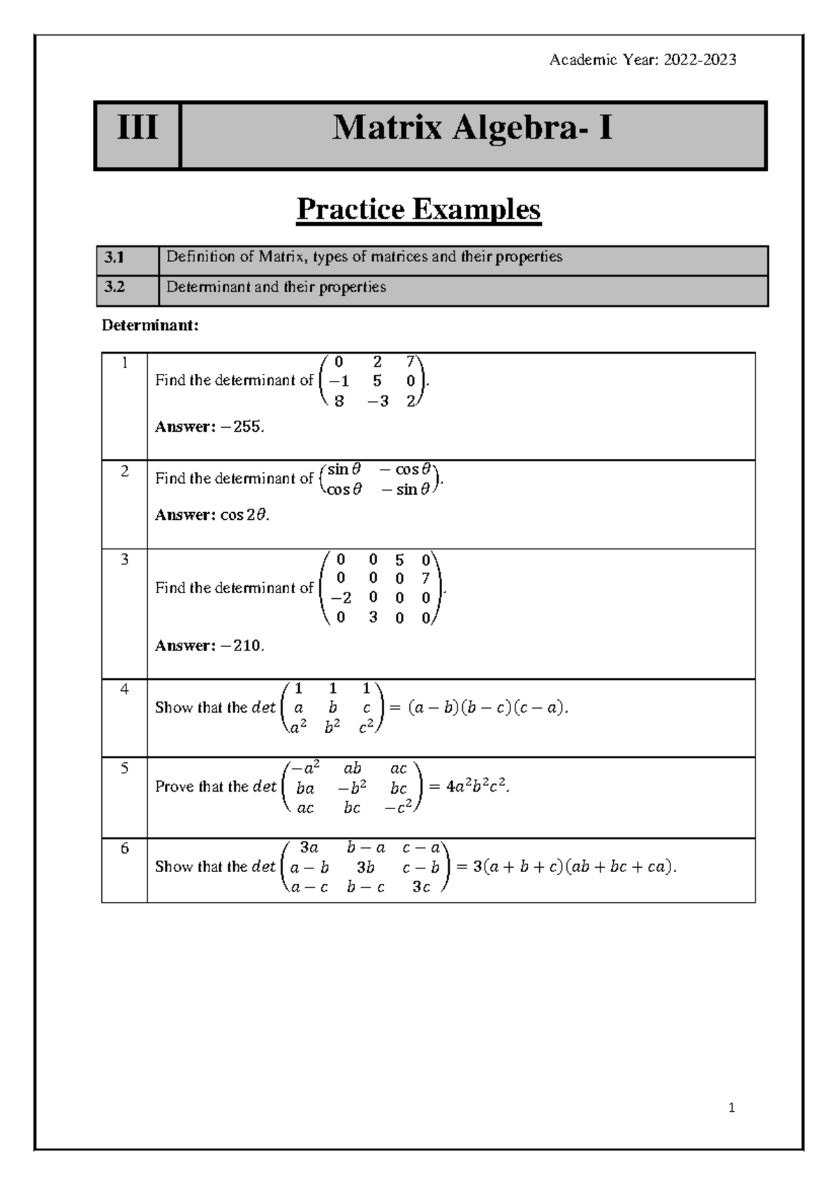 MA143 Practice Examples: Matrices, Determinants, and Linear Equations ...