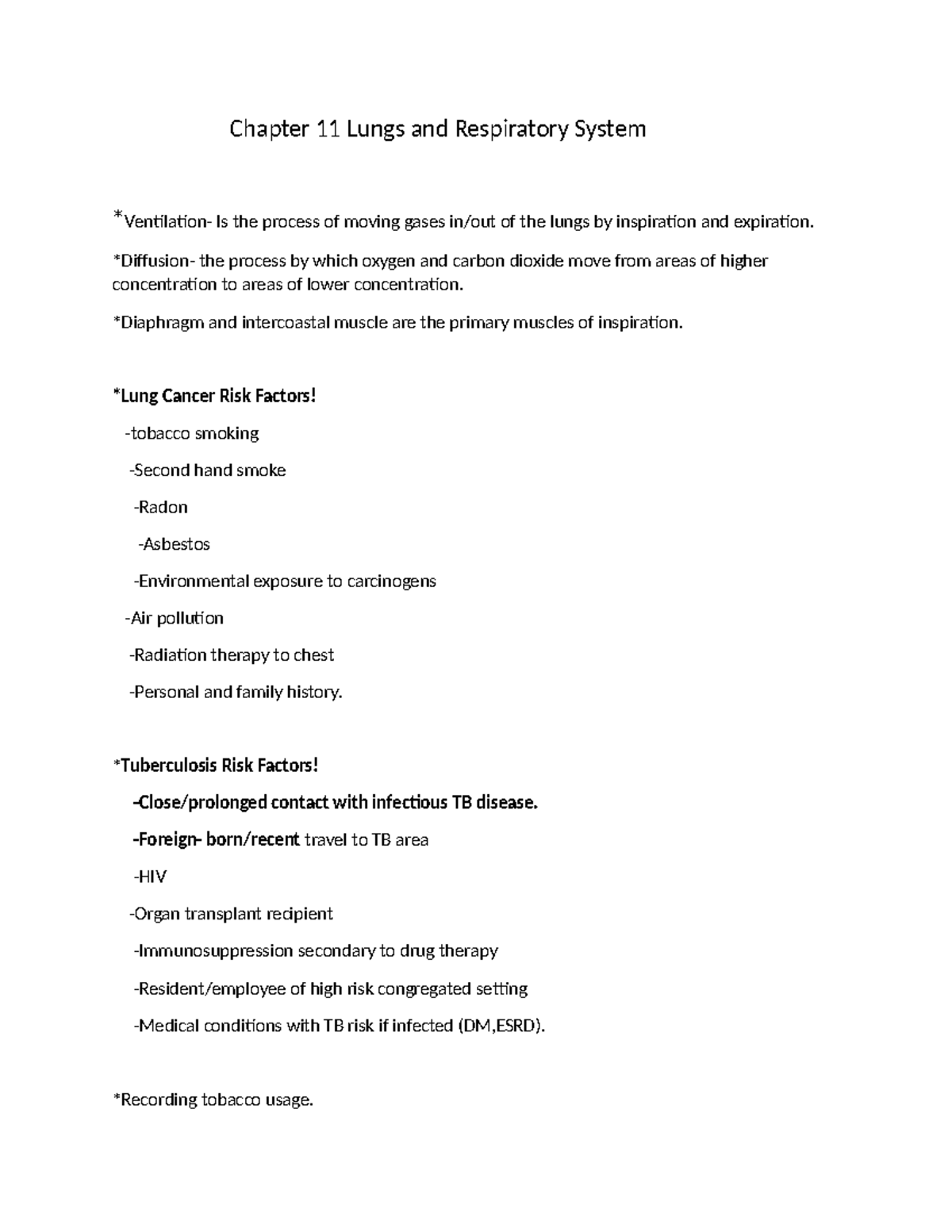 Chapter 11 Lungs and Respiratory System - *Diffusion- the process by ...