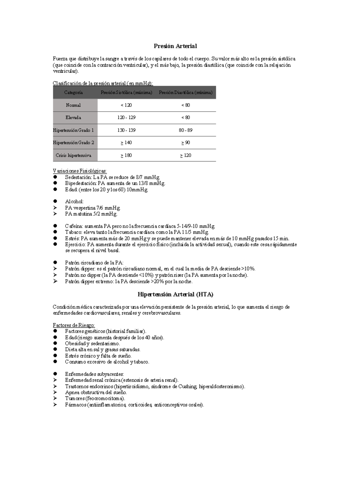 Resumen de Presión Arterial y Hipertensión Arterial (HTA) - Studocu