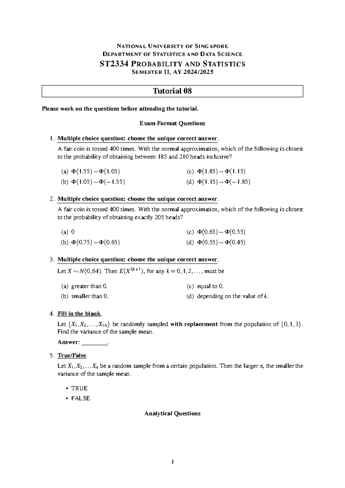ST2334 Tutorial 08: Probability & Statistics Questions and Answers ...