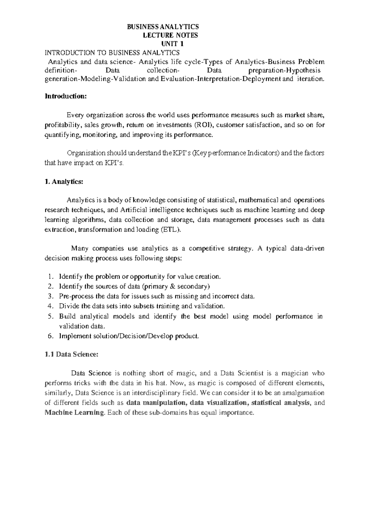 CW3601 - Business Analytics Lecture Notes: Unit 1 Overview and Key ...