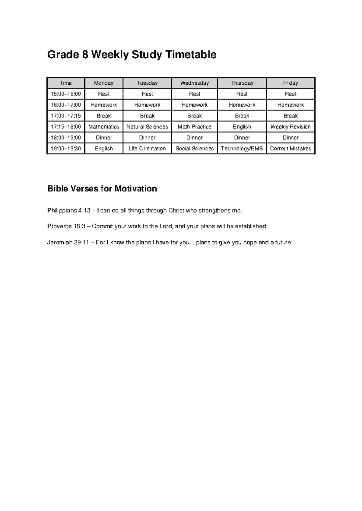 Grade 8 Study Timetable-19 - Grade 8 Weekly Study Timetable Time Monday ...
