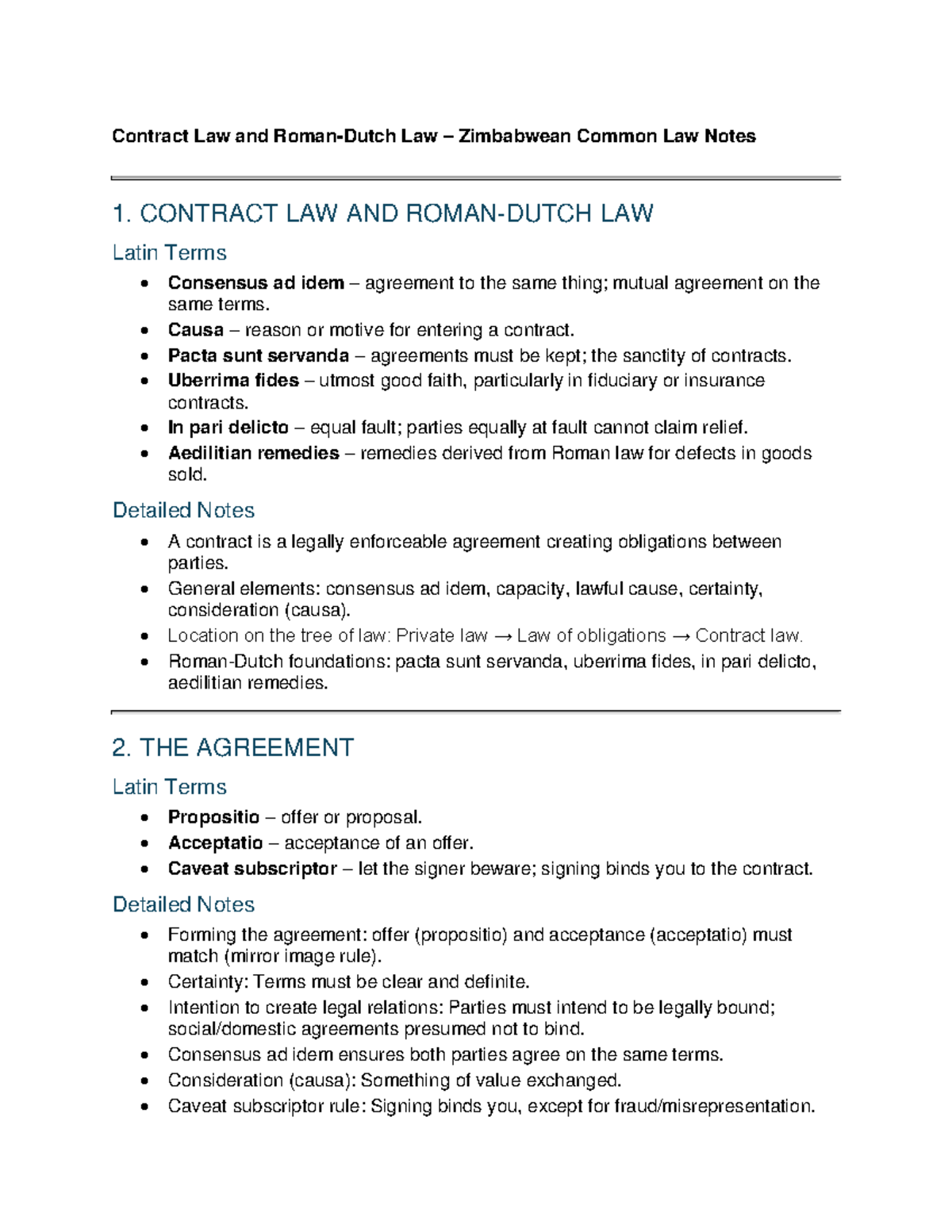 Contract Law Notes: Key Concepts and Latin Terms in Zimbabwean Law ...