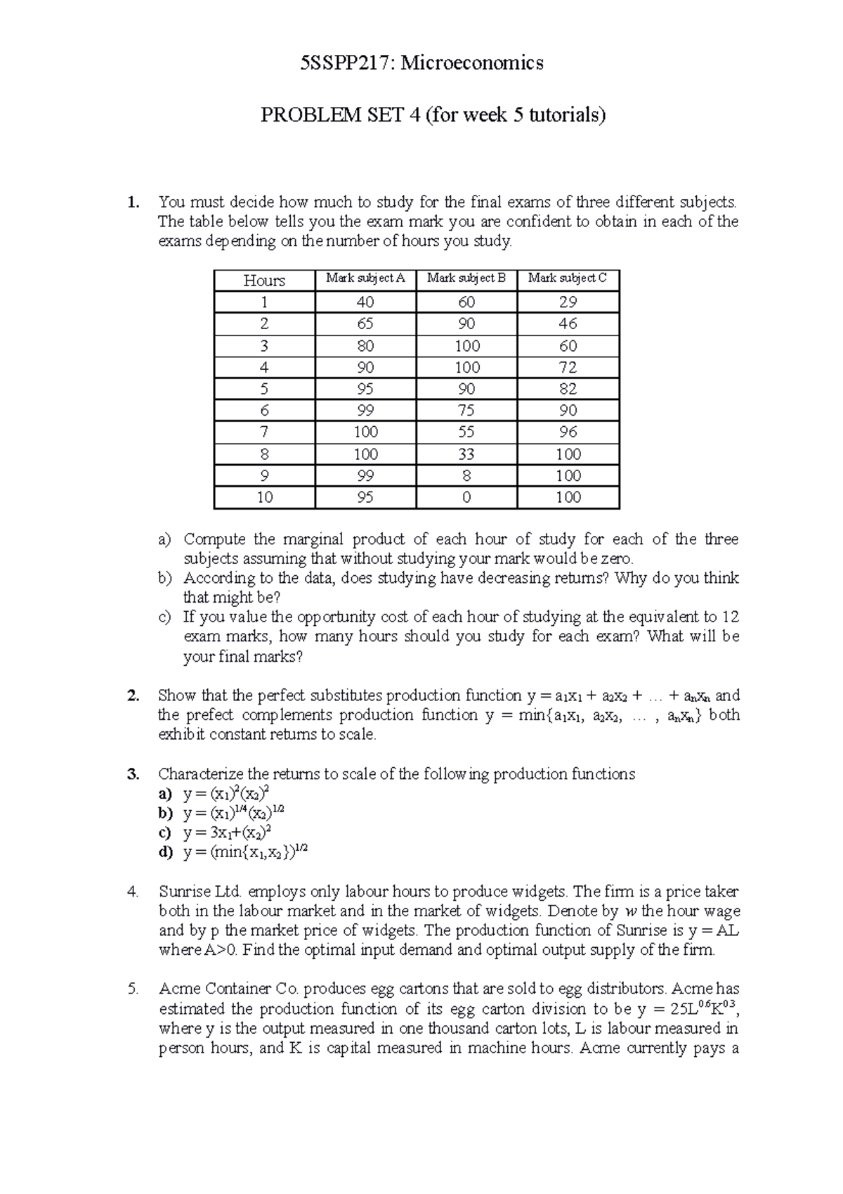 5SSPP217: Microeconomics - Problem Set 4 for Week 5 Tutorials - Studocu