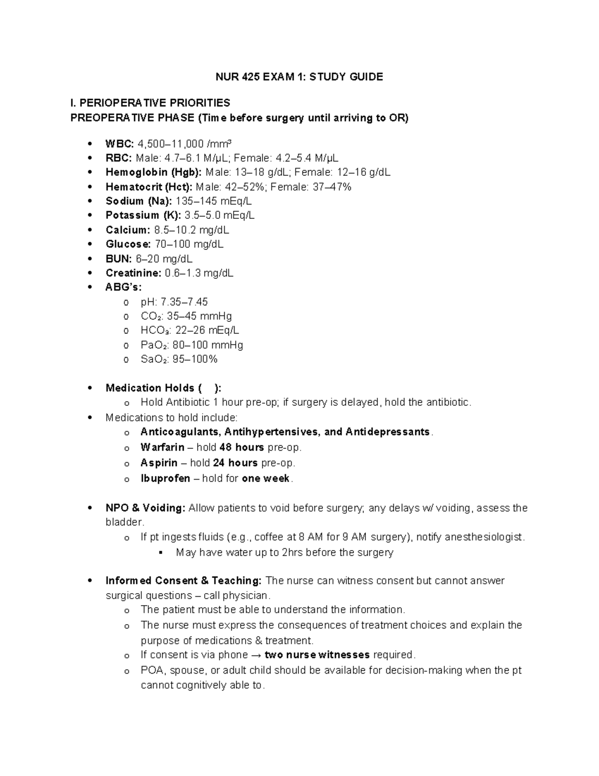 NUR 425 EXAM 1: Comprehensive Perioperative & Neurological Study Guide ...
