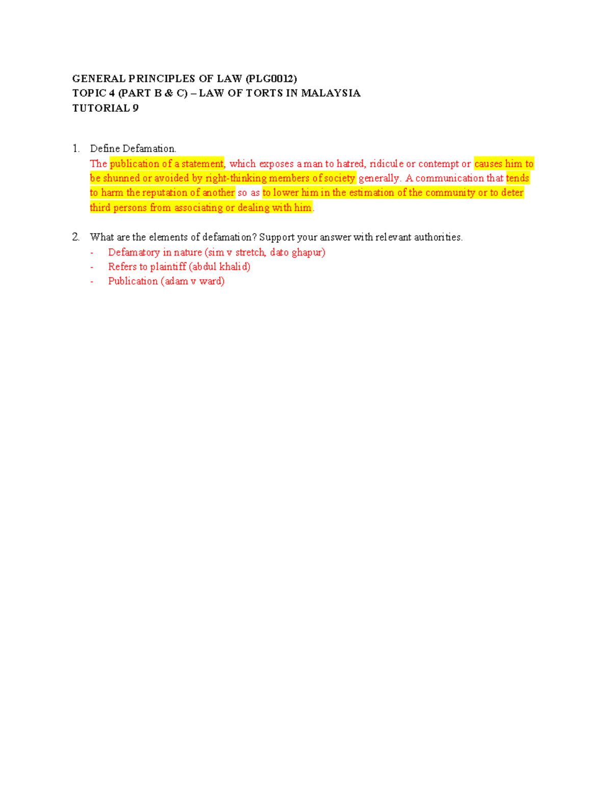 TUT 9 - Topic 4 (Part B & C) Defamation & Negligence in Law of Torts ...