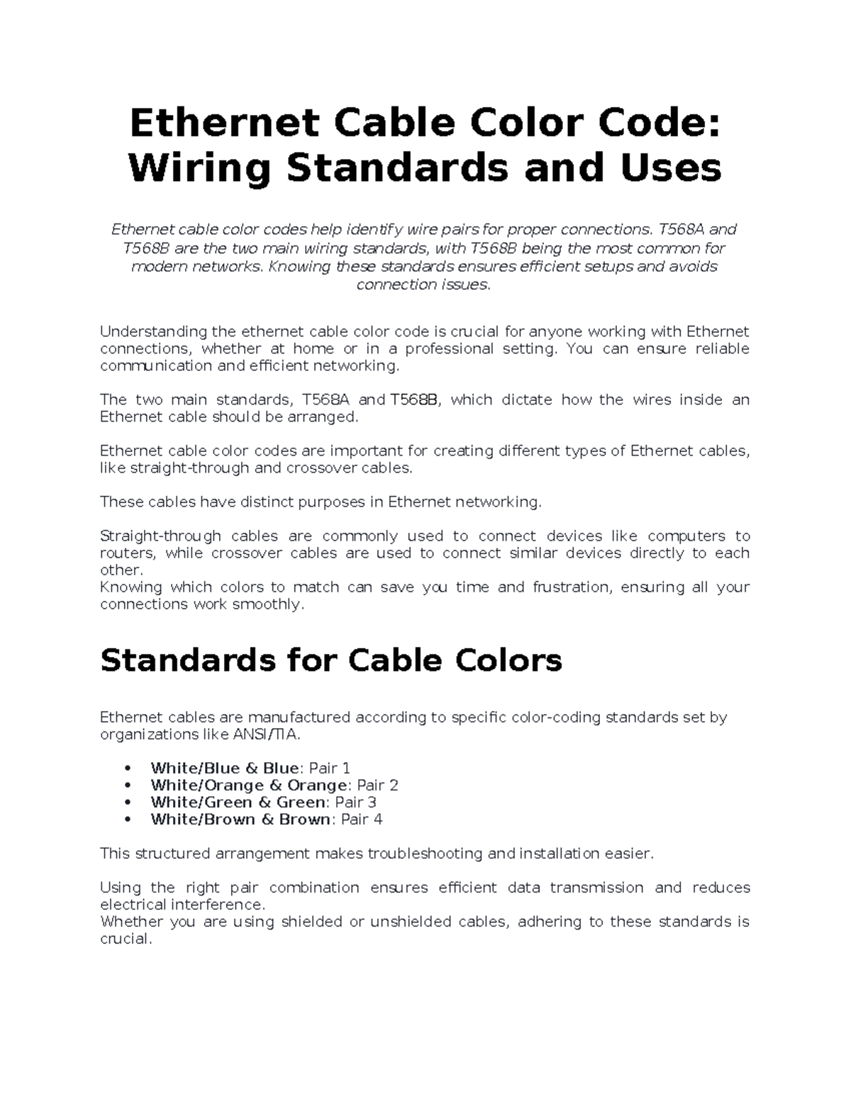 Ethernet Cable Color Code Standards and Wiring Guide M1 - Studocu