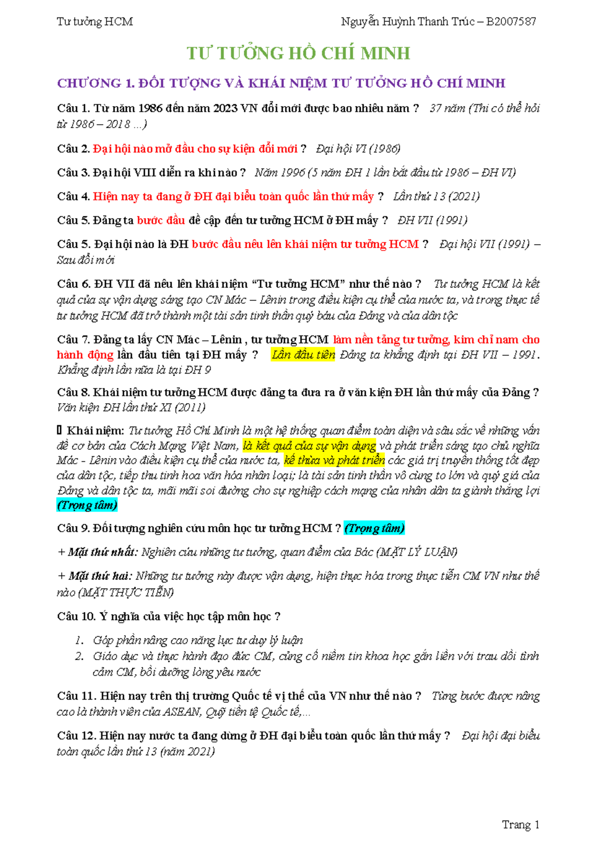 Tư Tưởng Hồ Chí Minh: Chương Trình Học và Câu Hỏi Ôn Tập - Document Preview