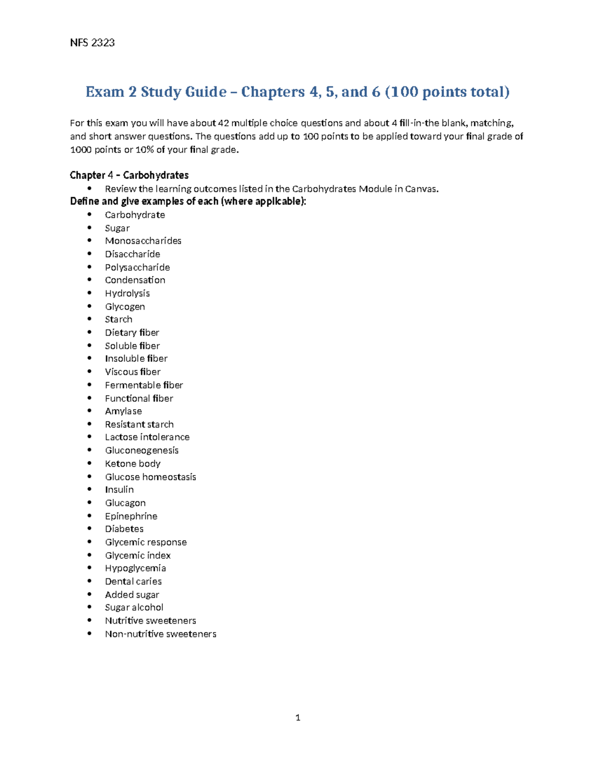 NFS 2323 Exam 2 Study Guide – Chapters 4, 5, and 6 (100 Points) - Exam ...