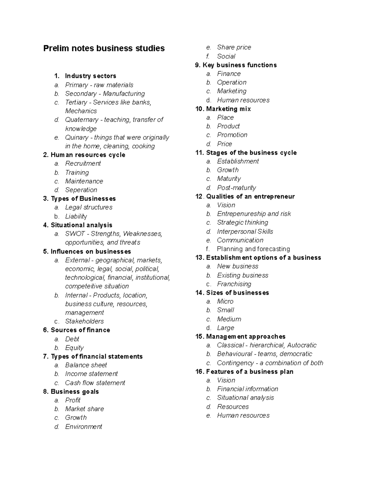 Prelim Notes for Business Studies: Key Concepts and Frameworks - Studocu