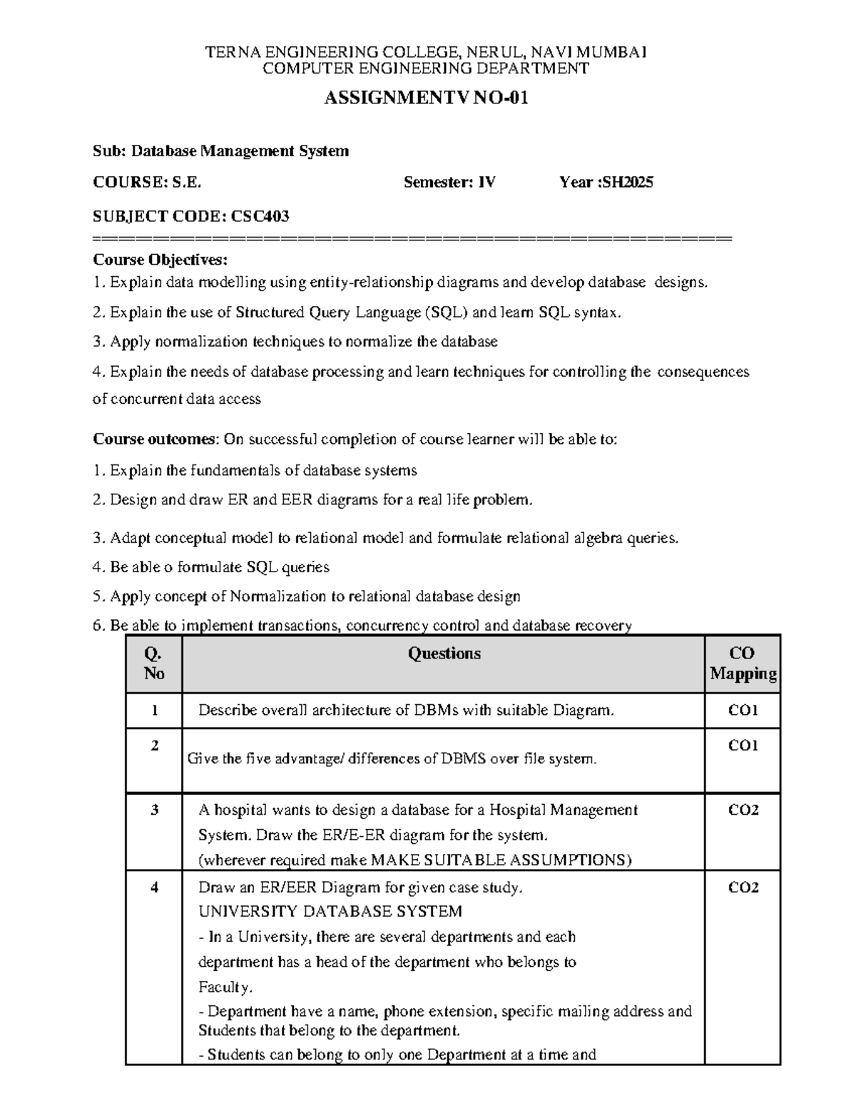DBMS Assignment 1 - TERNA ENGINEERING COLLEGE, NERUL, NAVI MUMBAI ...