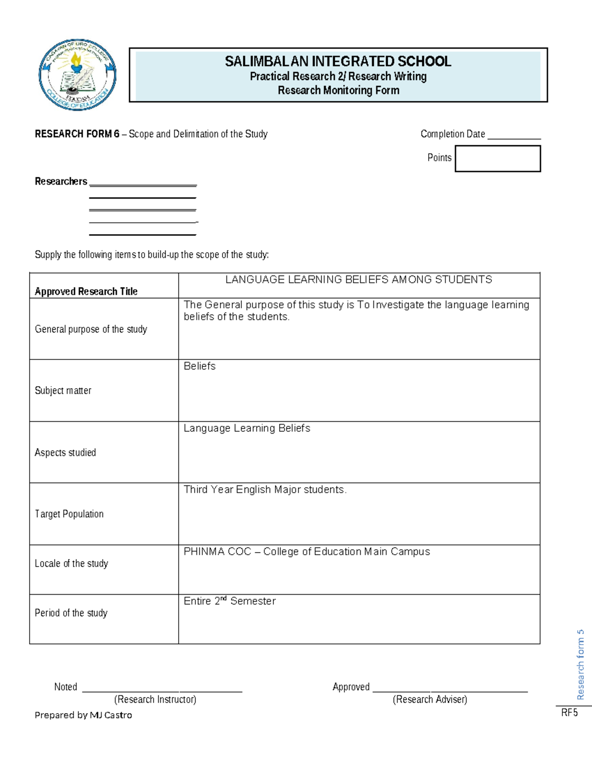RF6 - Research Form: Language Learning Beliefs Study - Studocu