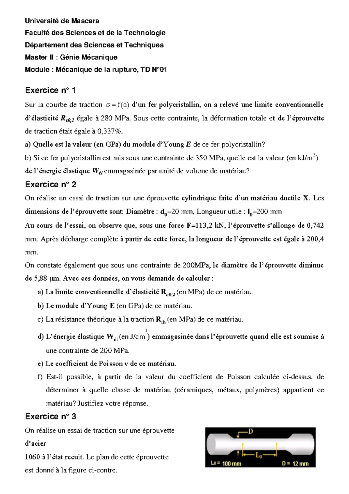 TD N°01 : Mécanique de la Rupture - Exercices et Calculs - Studocu
