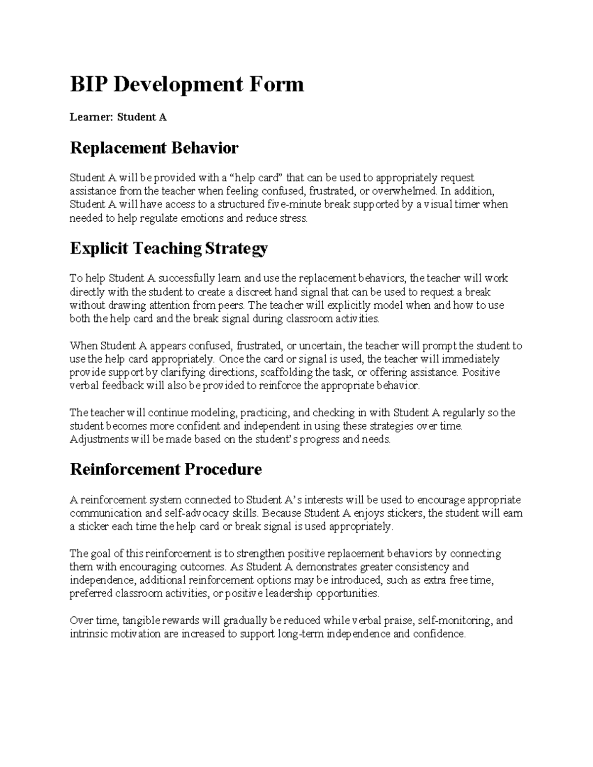 BIP Development Form for Student A: Replacement Behavior Strategies ...