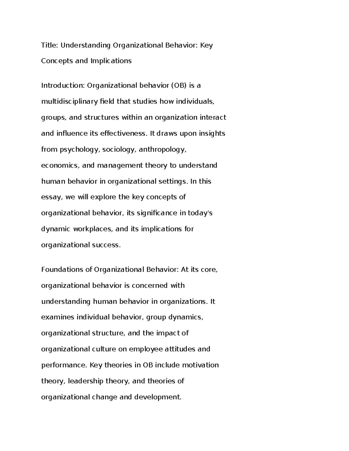 Title Understanding Organizational Behavior Key Concepts and - Title ...
