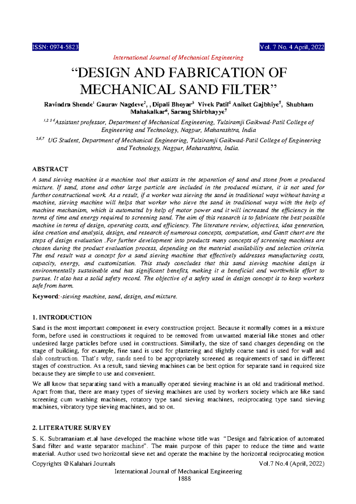 April 231 - Design and Fabrication of Mechanical Sand Filter - Studocu