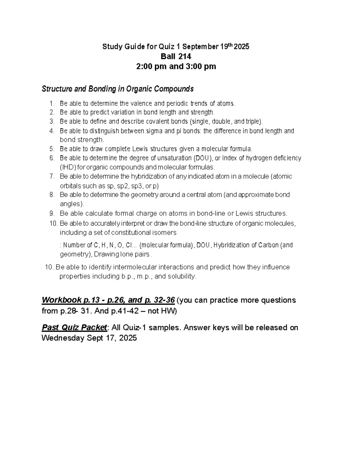 Study Guide for Quiz 1: Structure & Bonding in Organic Compounds (Sept ...