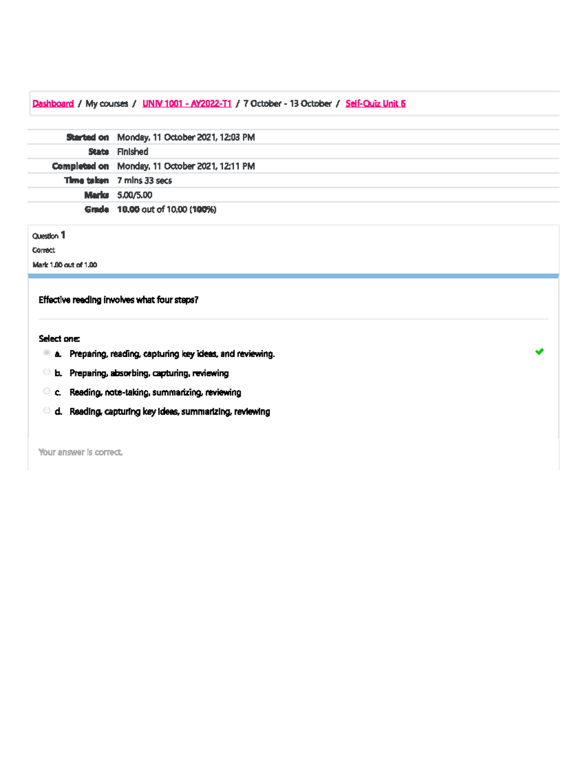 Self quiz Unit 6 - Dashboard My courses UNIV 1001 7 October 13 October ...
