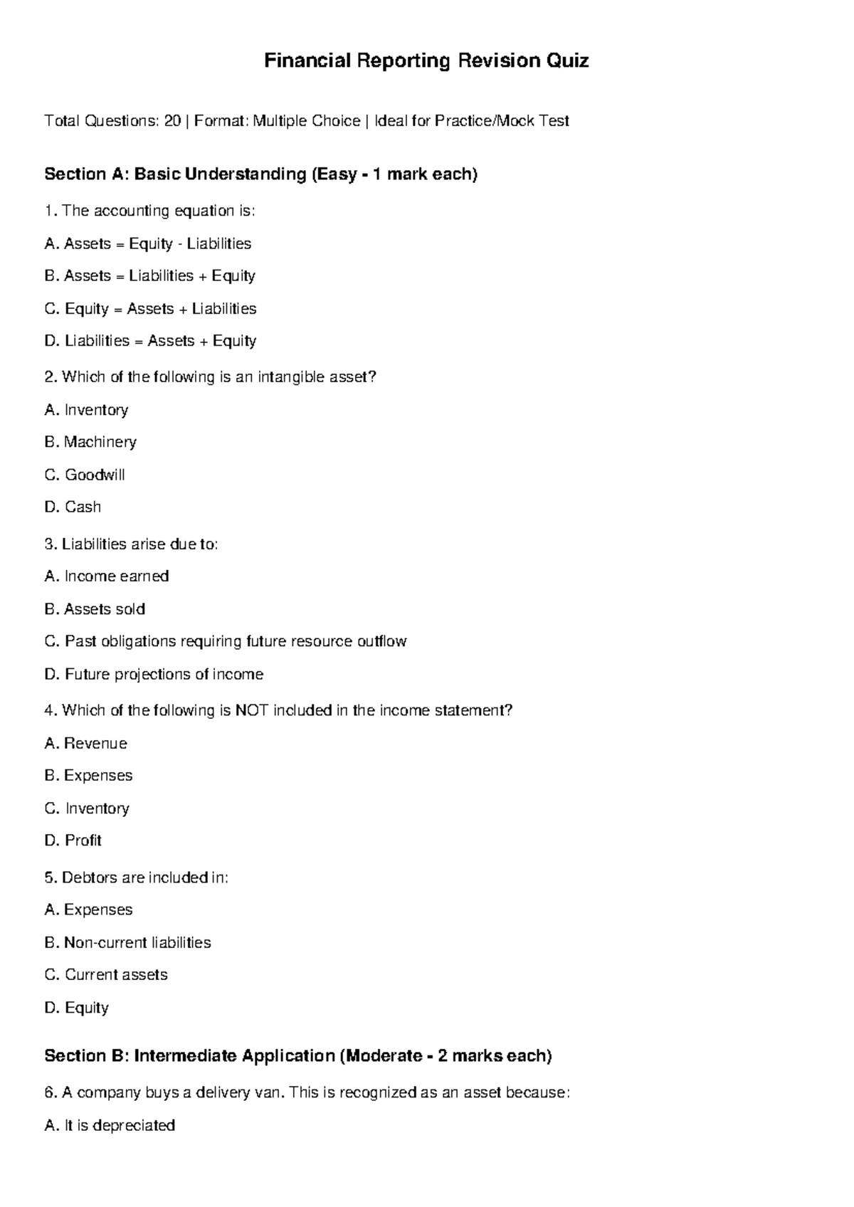 Financial Reporting Revision Quiz (20 Questions) - Studocu