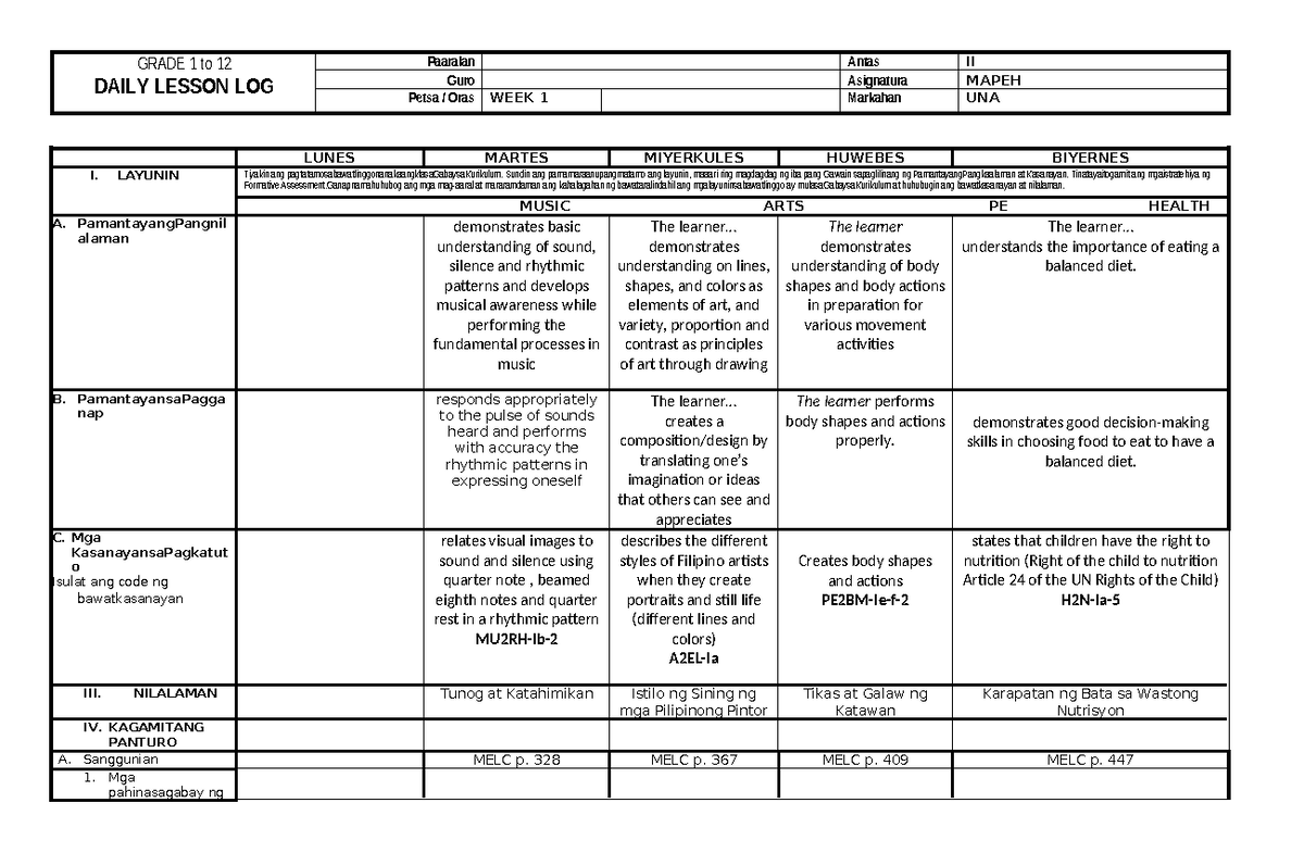 Q1 MAPEH WEEK 1 - DAILY LESSON LOG FOR GRADE 1-12 - Studocu