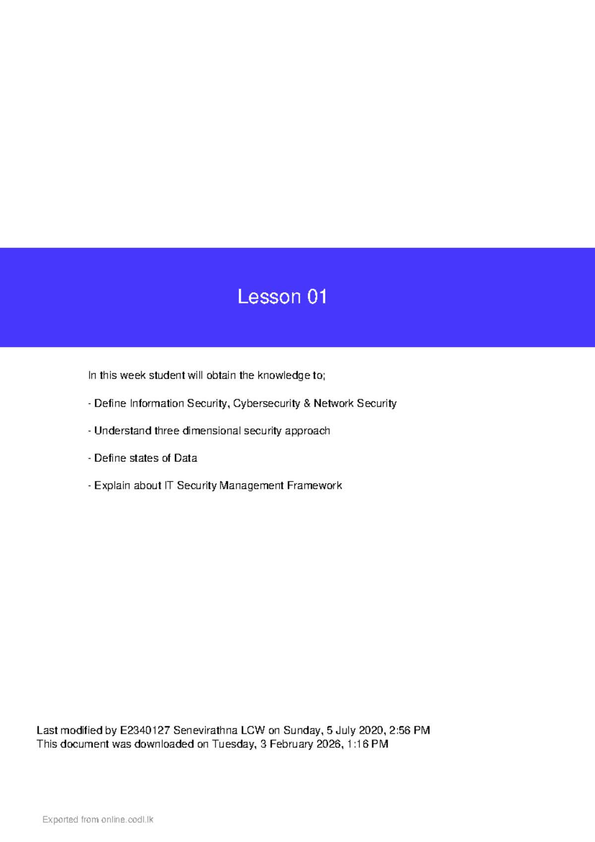 E2340127 Lesson 01: Understanding Information Security & Cybersecurity ...