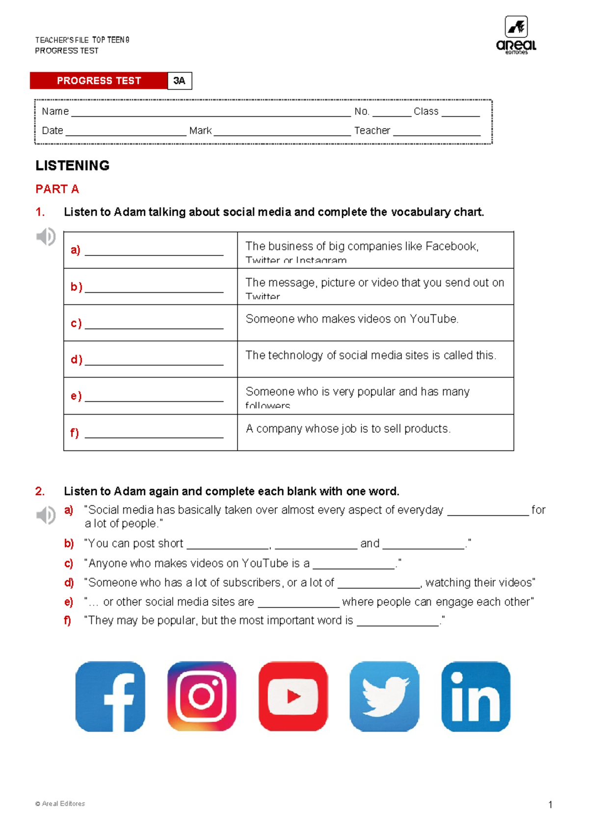 Progress Test 3A - Listening and Grammar Evaluation - Studocu