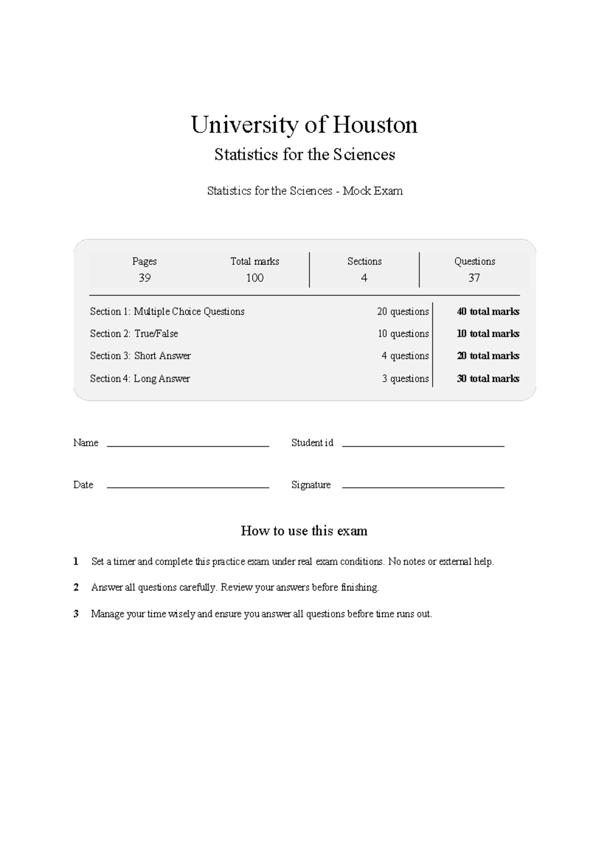 MATH 3339 Statistics for the Sciences Mock Exam 2026 Guide - Studocu