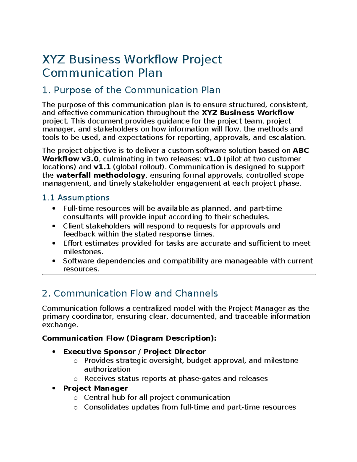 XYZ Business Workflow Project Comm Plan: Structure & Processes - Studocu
