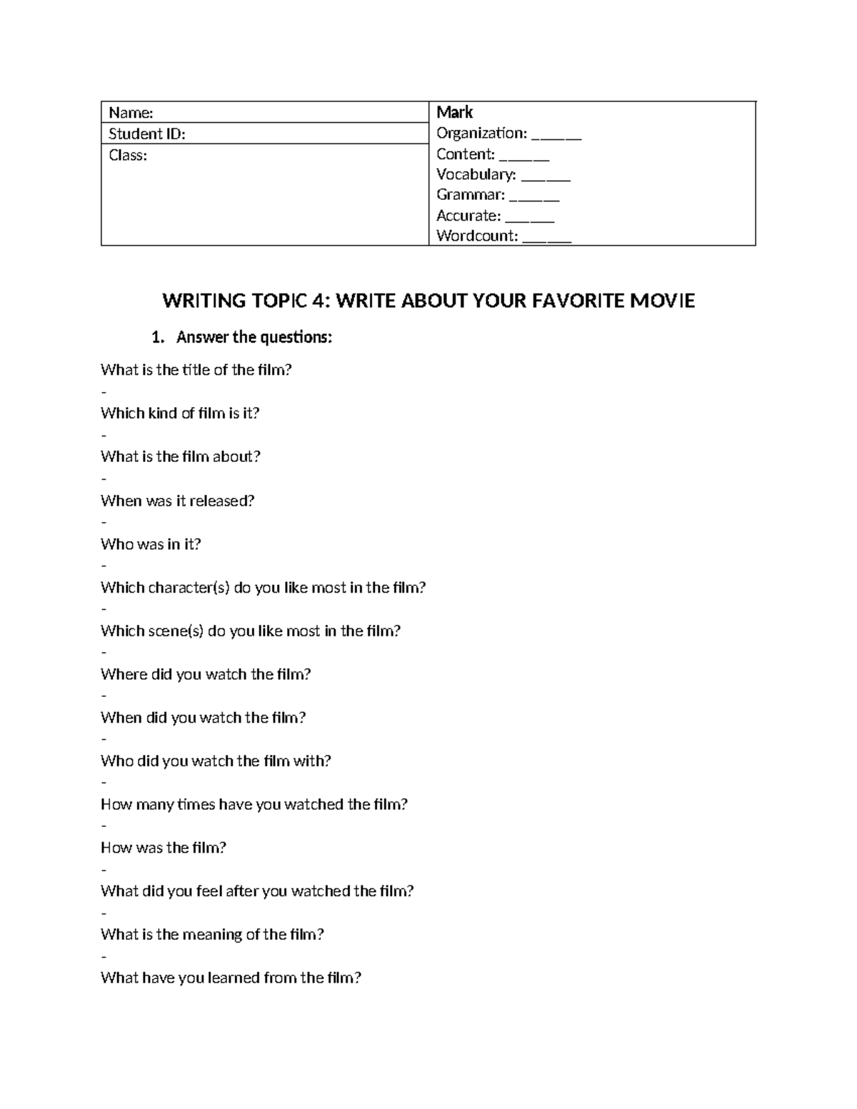 Writing Template for Topic 4: Favorite Movie Assignment - Studocu