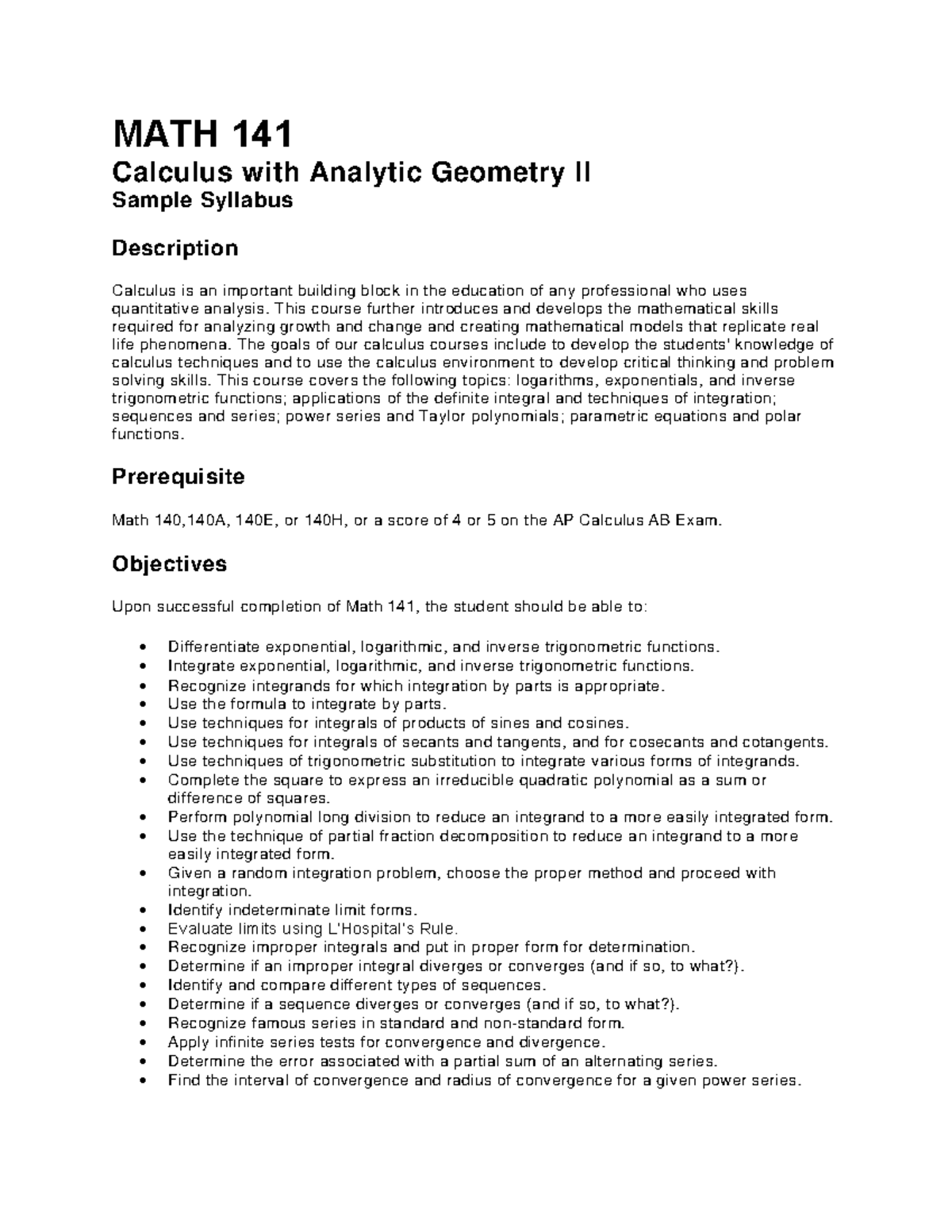 MATH 141 - Sample Syllabus for Calculus with Analytic Geometry II - Studocu