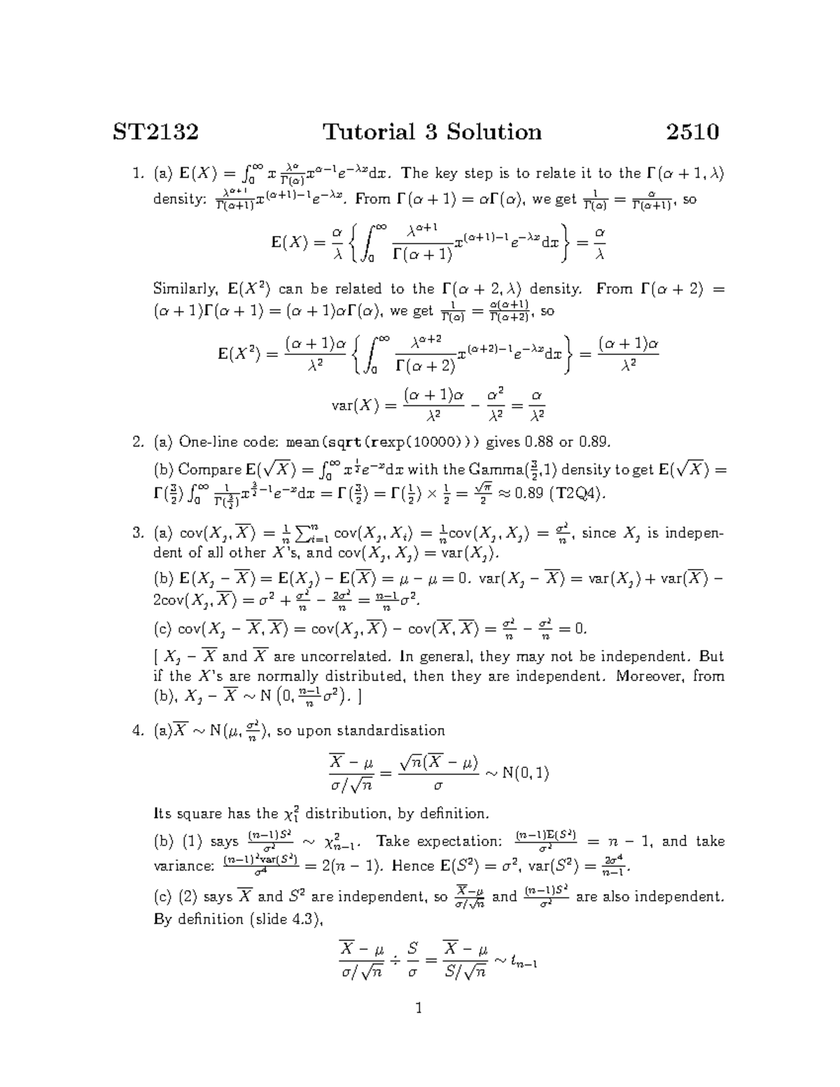 ST2132 Tutorial 3 Detailed Solutions and Explanations - Studocu