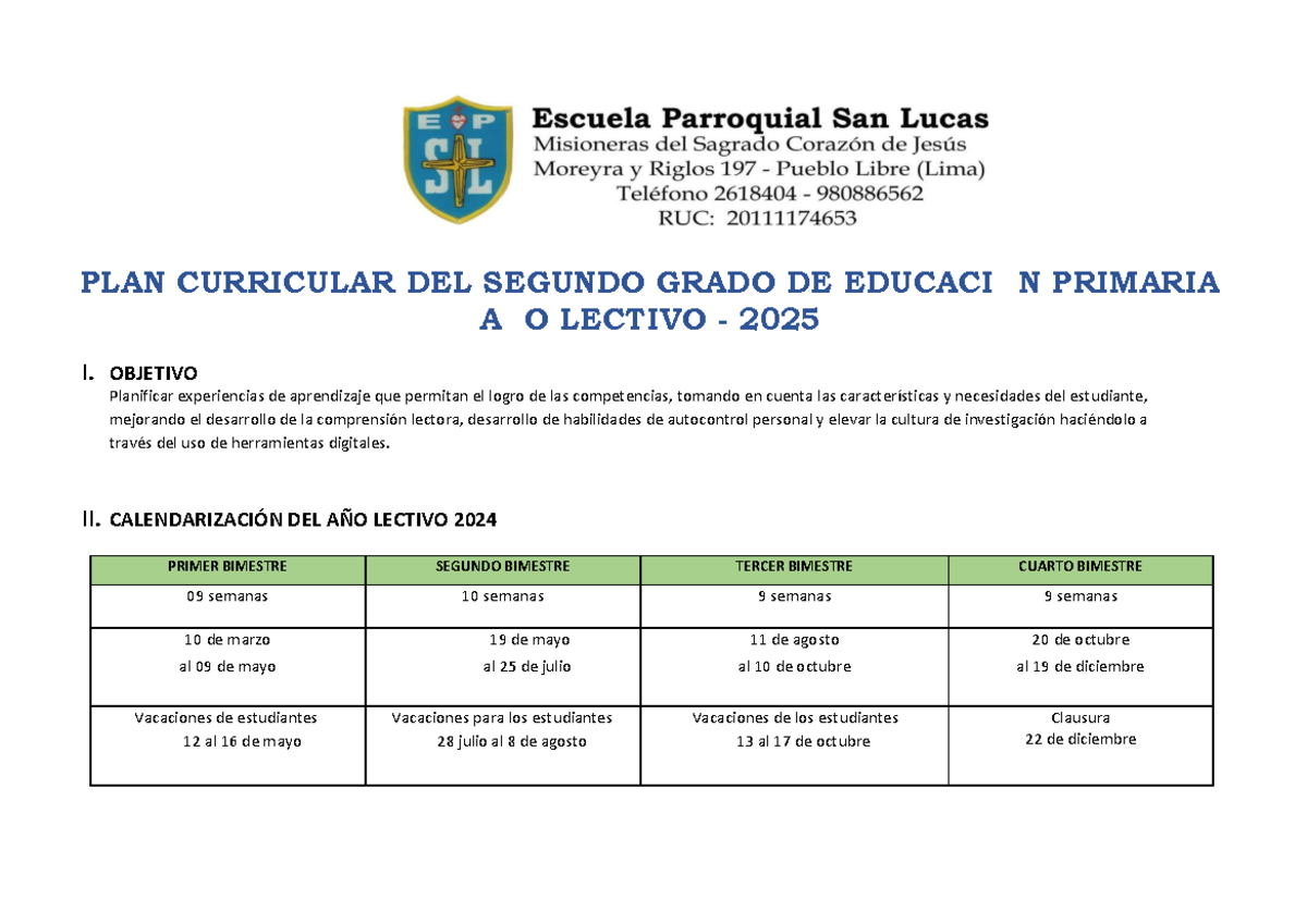 Plan Curricular 2025: Segundo Grado de Educación Primaria - Studocu