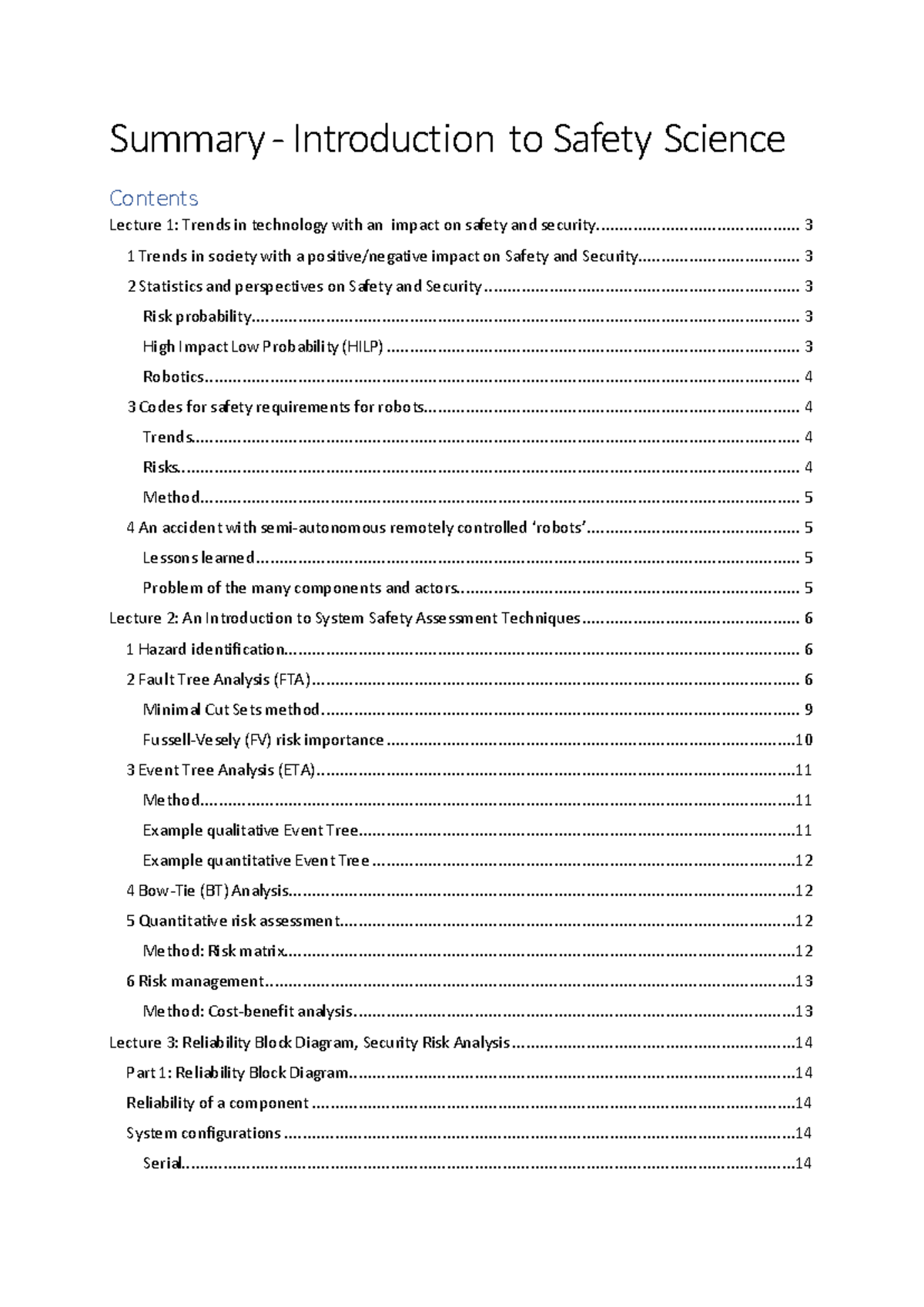 Summary of Safety Science Lectures (CS101 - Lecture Notes) - Studeersnel