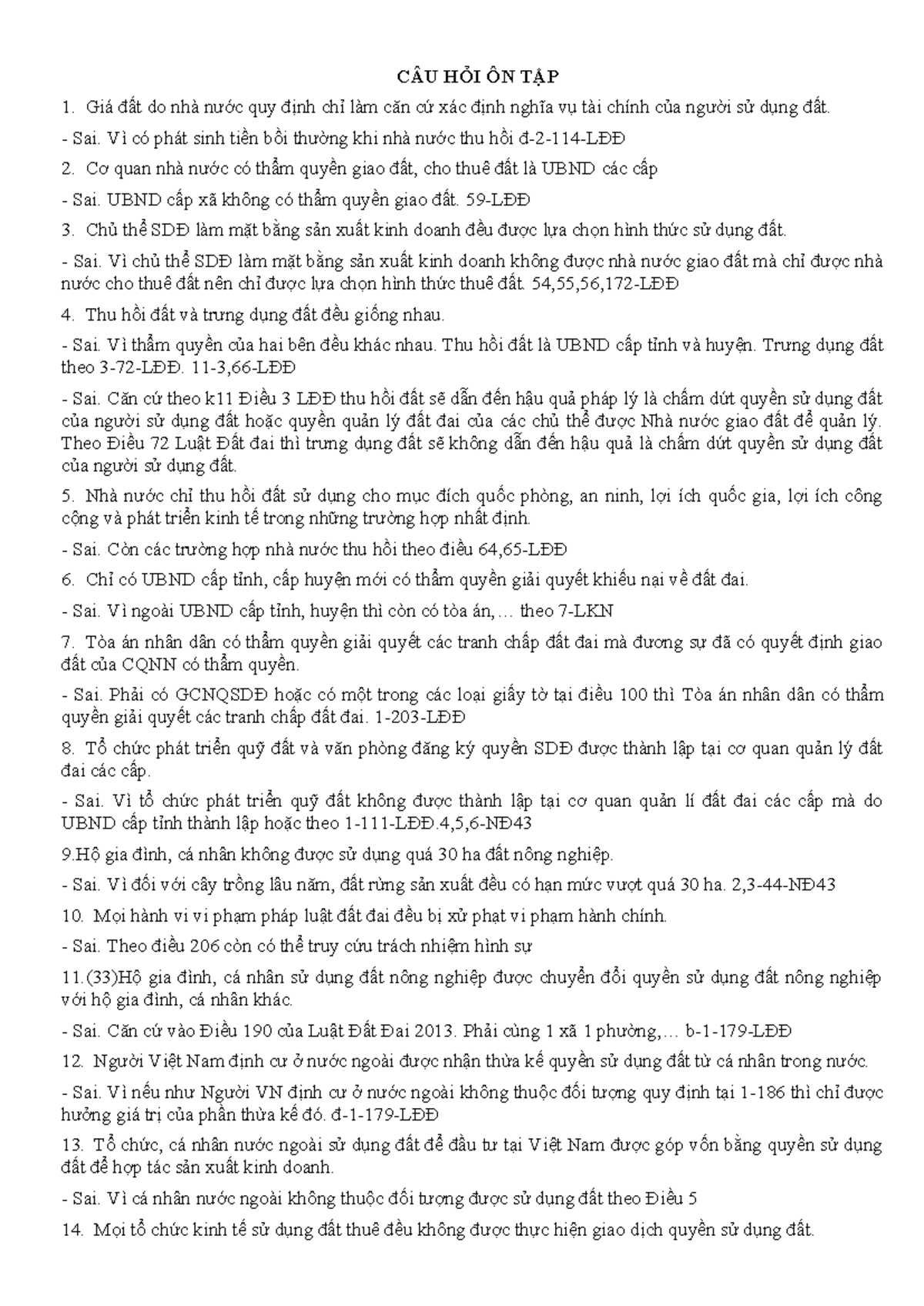CÂU HỎI ÔN TẬP ĐẤT ĐAI - LUẬT ĐẤT ĐAI 2013 - Studocu