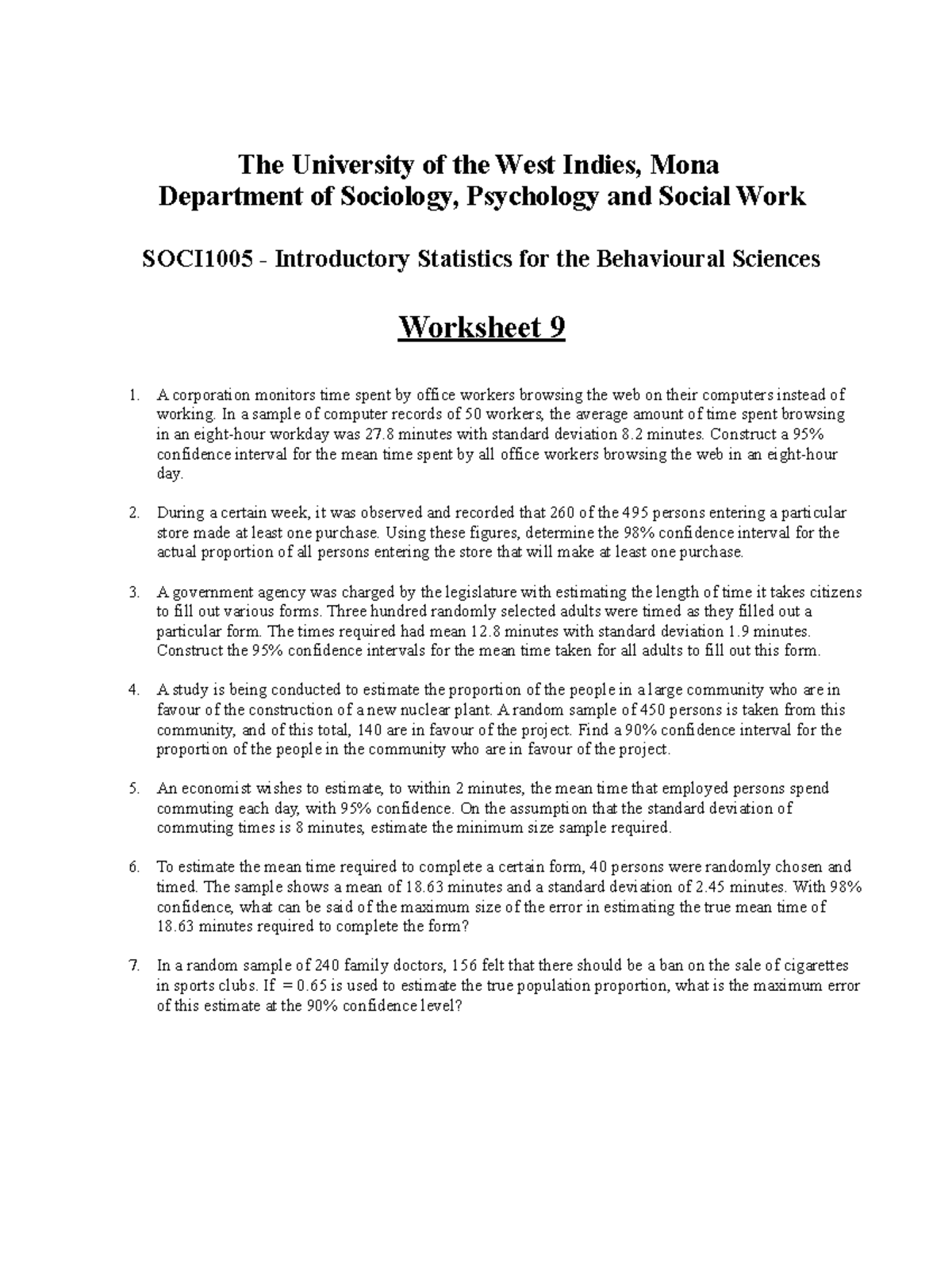 Worksheet 9 - The University of the West Indies, Mona Department of ...